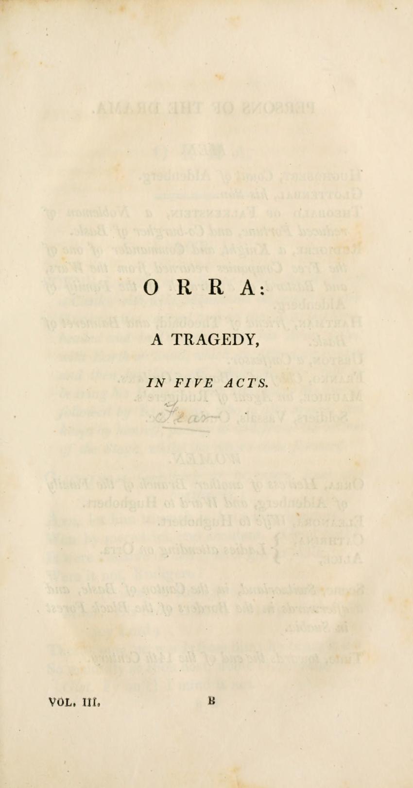 Joanna Baillie: Orra (1812, The Longworths)